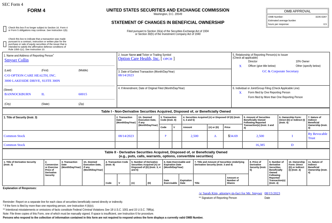 Option Care Health(OPCH.US)高管增持2,500股普通股股份，价值约为8.67万美元